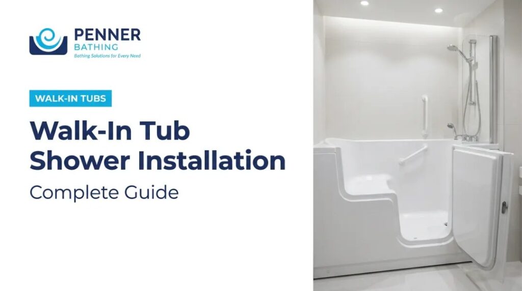 A polished three handle tub and shower faucet in a modern tiled bathroom.