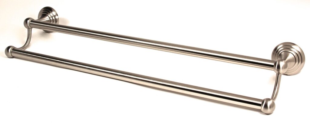 A modern 30-inch brushed nickel towel rack with a folded white towel.