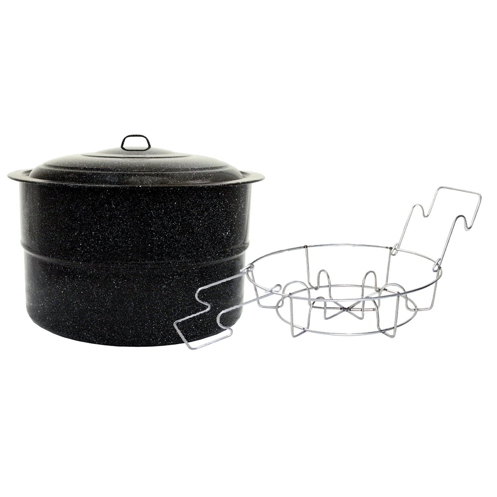 A large canning pot on a stovetop with jar lifters nearby for safety.