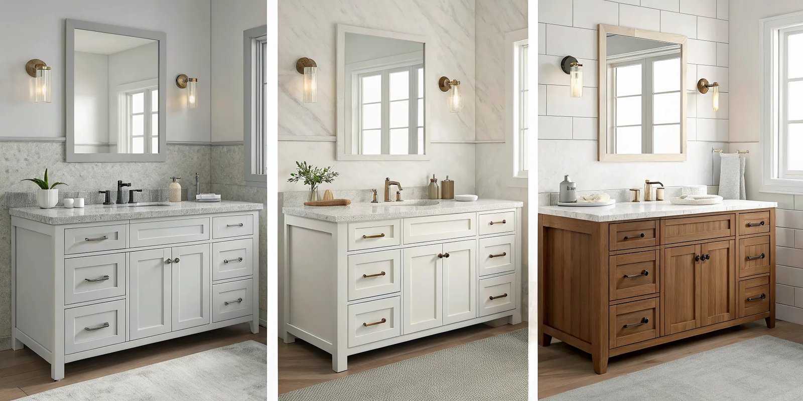A homeowner leveling a small vanity cabinet to fix a common wobbling issue.