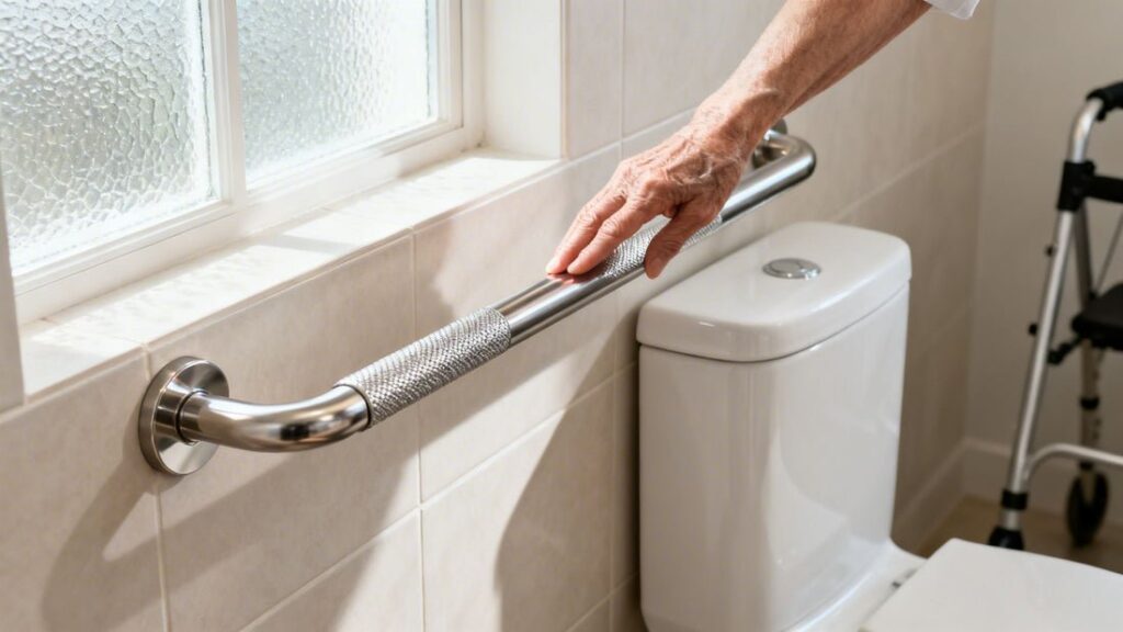 A modern bathroom equipped with a secure grab bar for elderly safety.