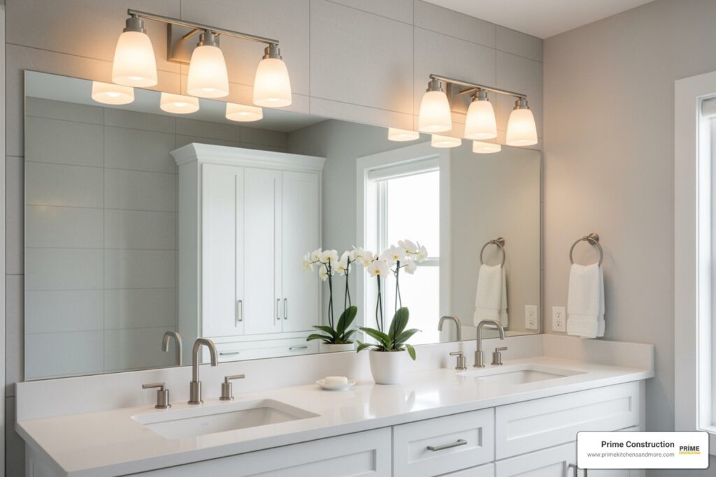A modern bathroom vanity with elegant light fixtures over a large mirror.