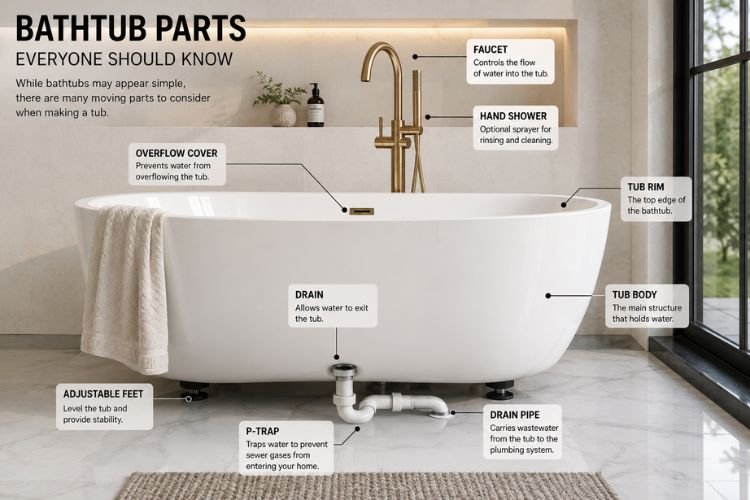 The components of a bathroom sink stopper assembly laid out on a table.