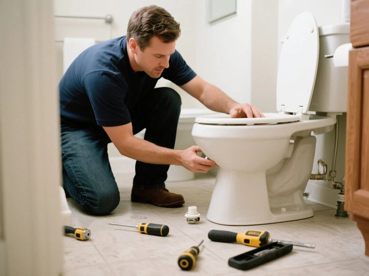 Essential plumbing tools and replacement parts for fixing a bathroom sink stopper.