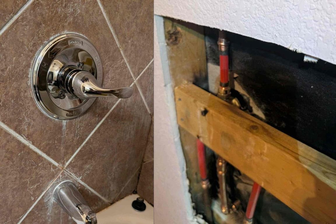 Close up of toilet tank components used to diagnose bathroom wall water sounds.
