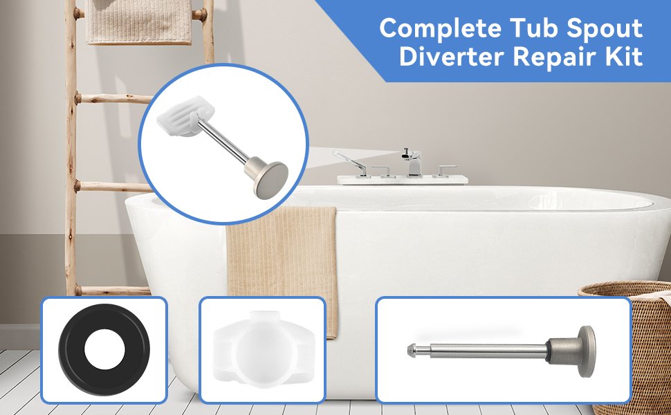 A collection of bathtub faucet parts and plumbing tools arranged on a bathroom vanity.