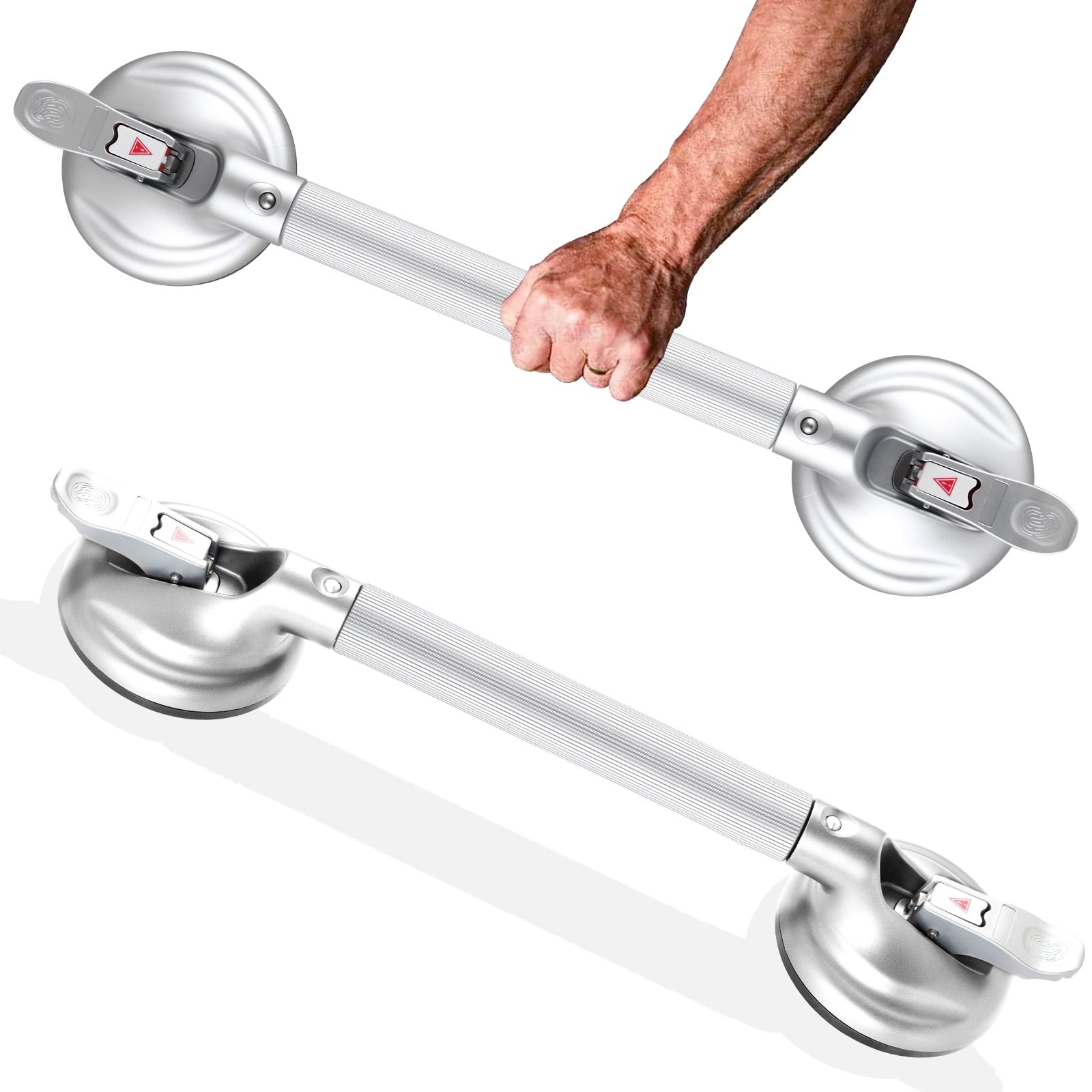 A suction grab bar incorrectly placed over a bathroom wall grout line.