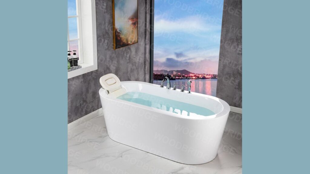 A luxurious bathtub pillow provides neck and back support in a modern bathroom.