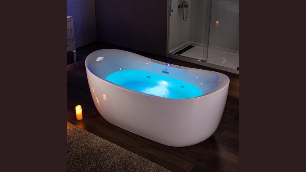 A peaceful modern bathroom setting featuring a clean jetted tub ready for relaxation.