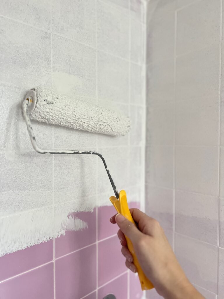 A dry bathroom accent wall suitable for painting over tile without sanding.