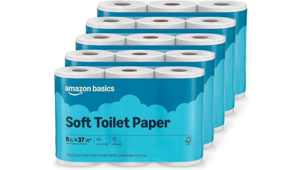 A shopper compares prices for toilet paper and paper towels in a store.