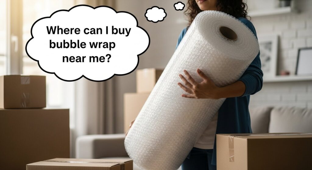 A shopper compares local toilet paper prices using a smartphone in a store aisle.