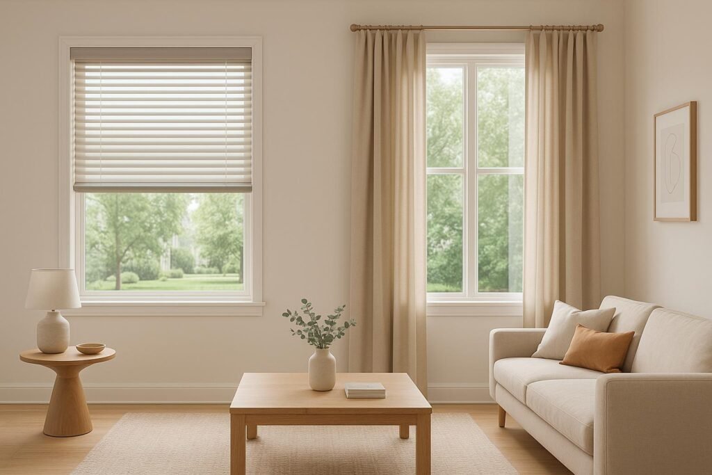 Bright living room with semi-sheer curtains providing natural light and privacy.