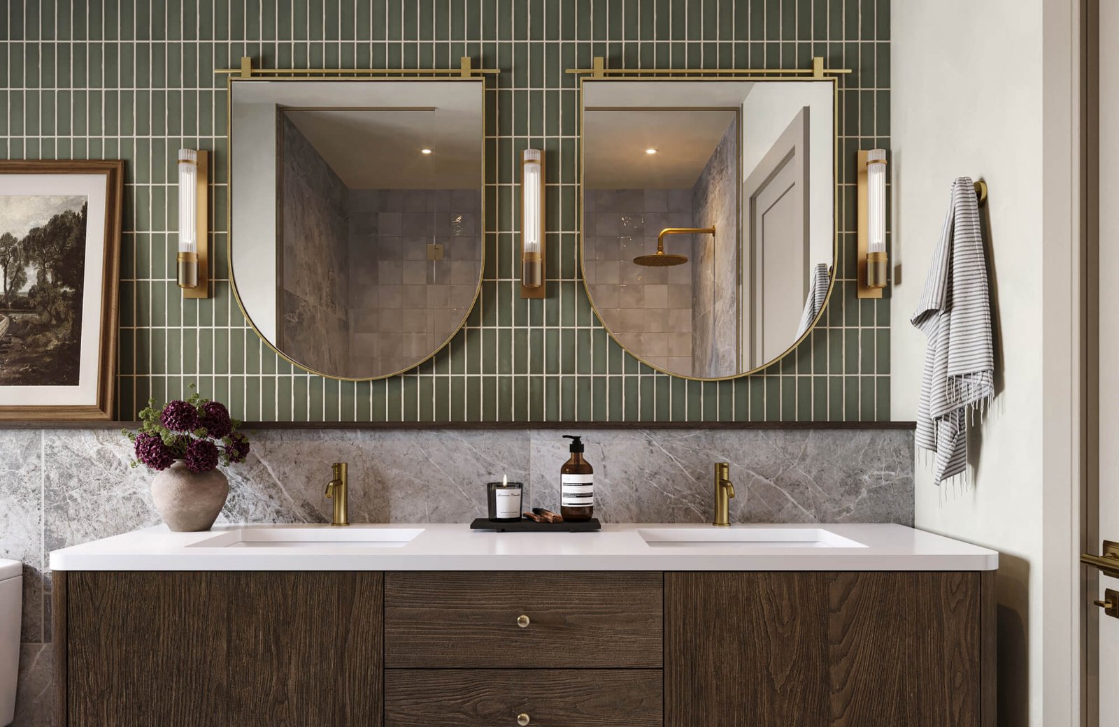 Measuring the wall space to install a small bathroom mirror at the correct height.