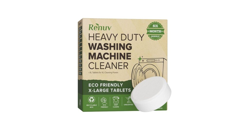 A Finally Fresh washing machine tablet placed on a clean laundry room counter.
