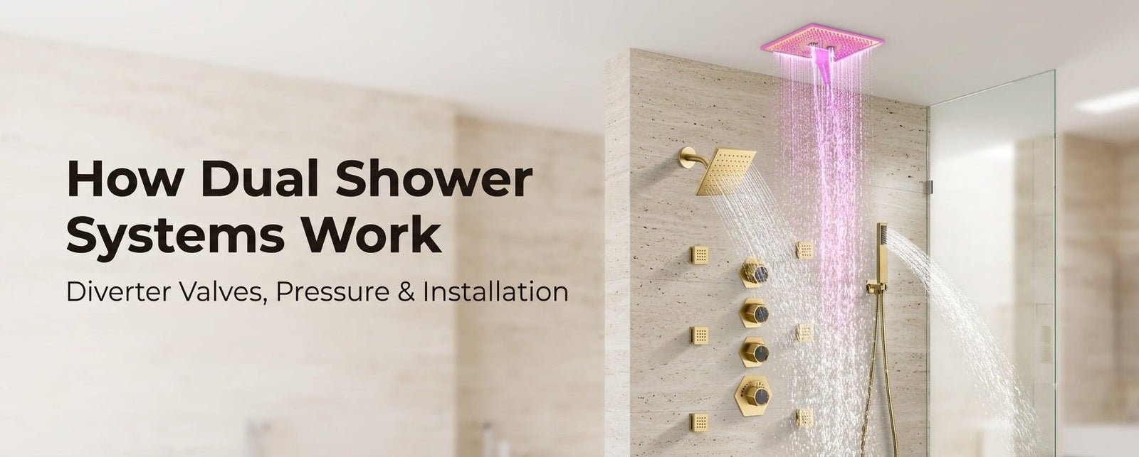 Comparing the different features of handheld and fixed shower heads in a bathroom.