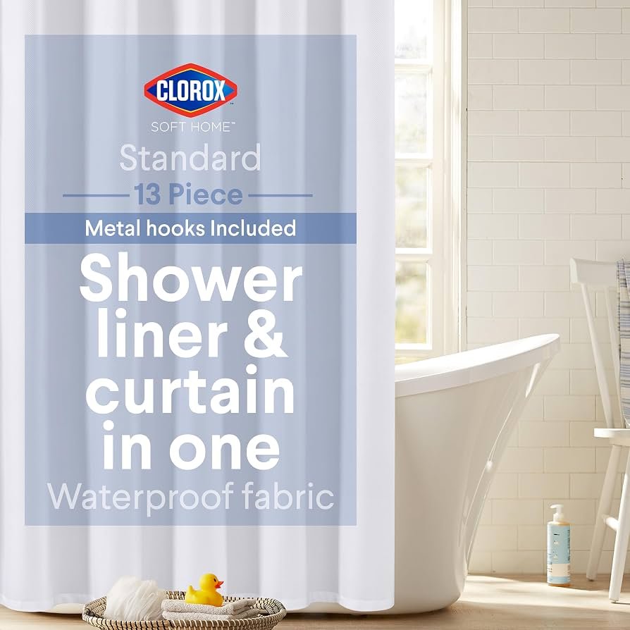 Close up of high end shower curtain fabric and the weighted liner hem.