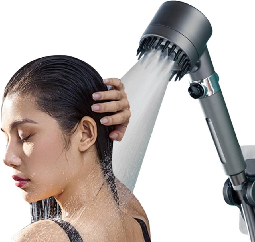 Water flows through an ionic filtration shower head showing the internal mineral beads.