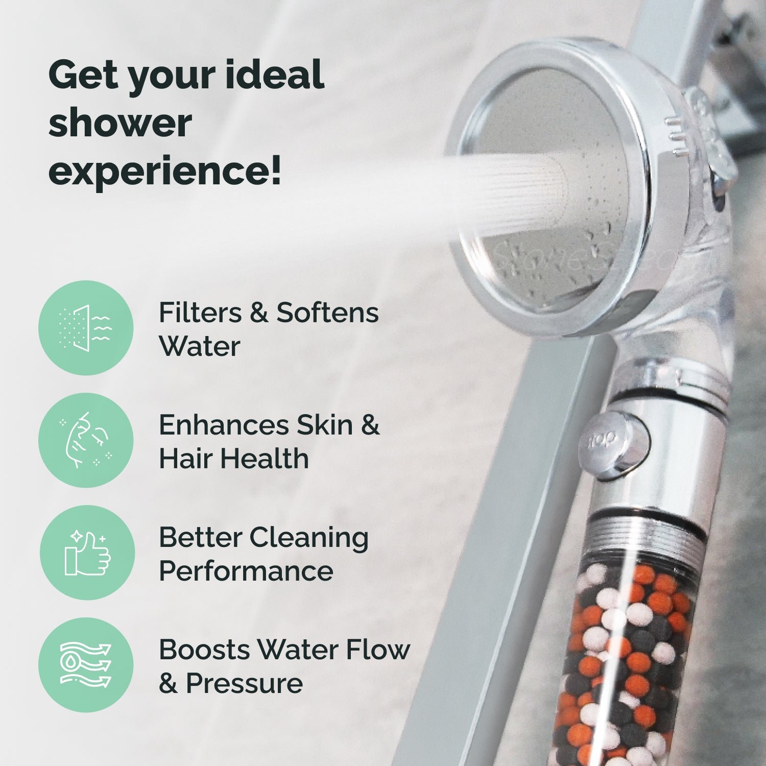 A person performing maintenance on an ionic shower head in a clean bathroom.