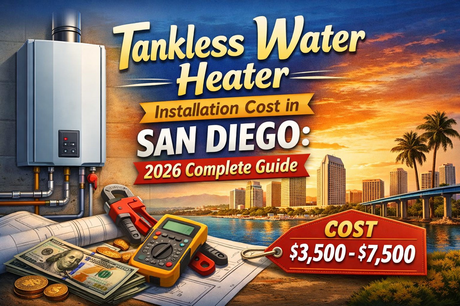 A digital tablet with plumbing information next to tools for a recirculating pump.
