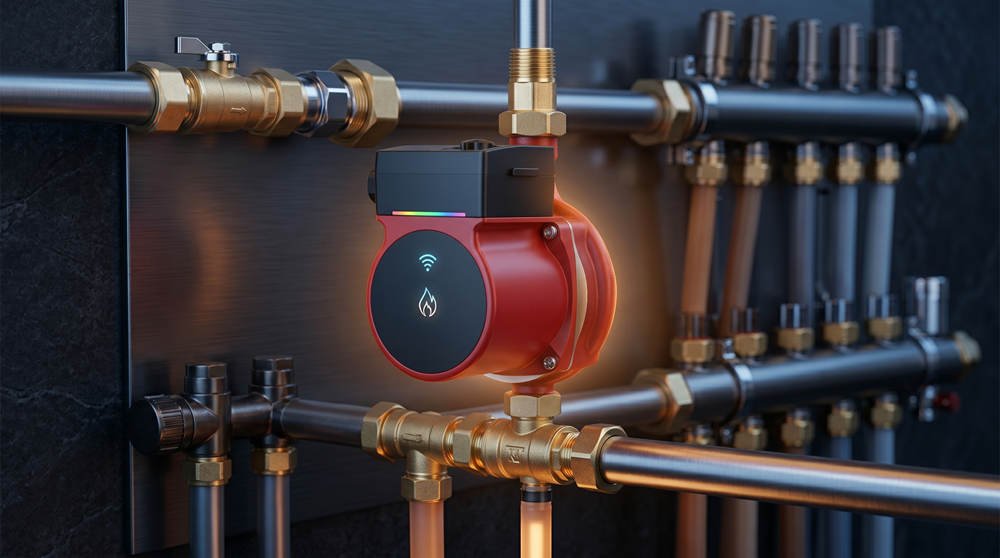 A professional tankless water heater installation with a recirculating pump for efficient hot water.