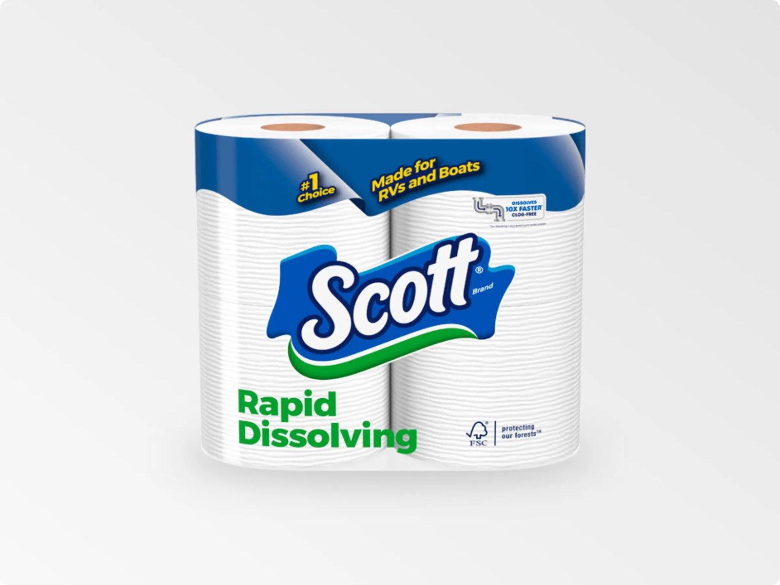 Various rolls of toilet paper arranged on a shelf for a septic safety FAQ.