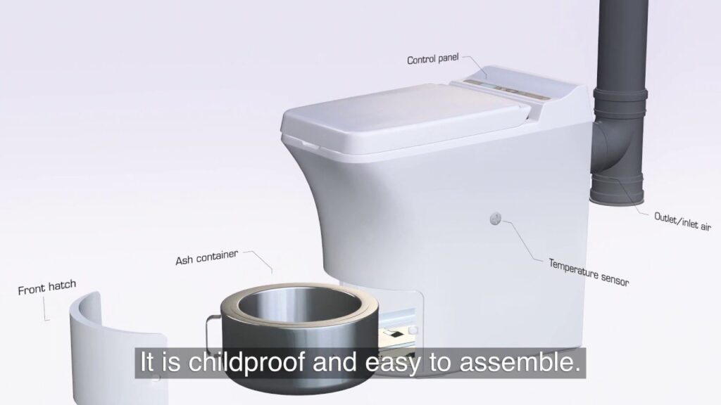 A modern incinerating toilet sits in a clean, sunlit off-grid bathroom interior.