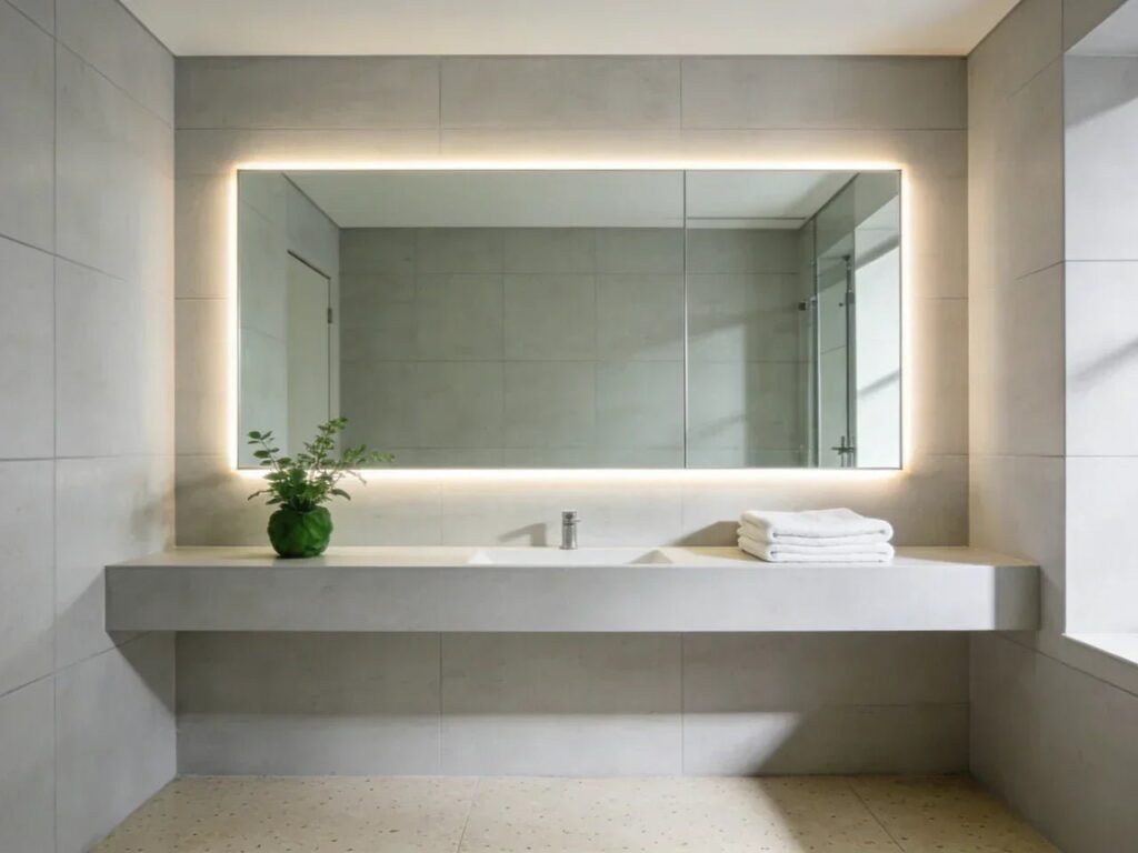 A modern bathroom illuminated by energy-efficient LED lights for cost savings.