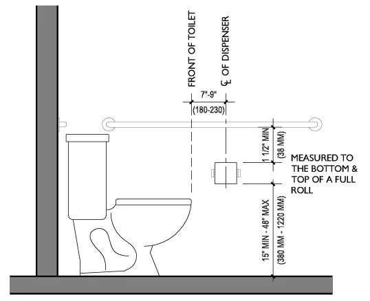 Measuring the ideal height for installing a toilet paper holder above the floor.