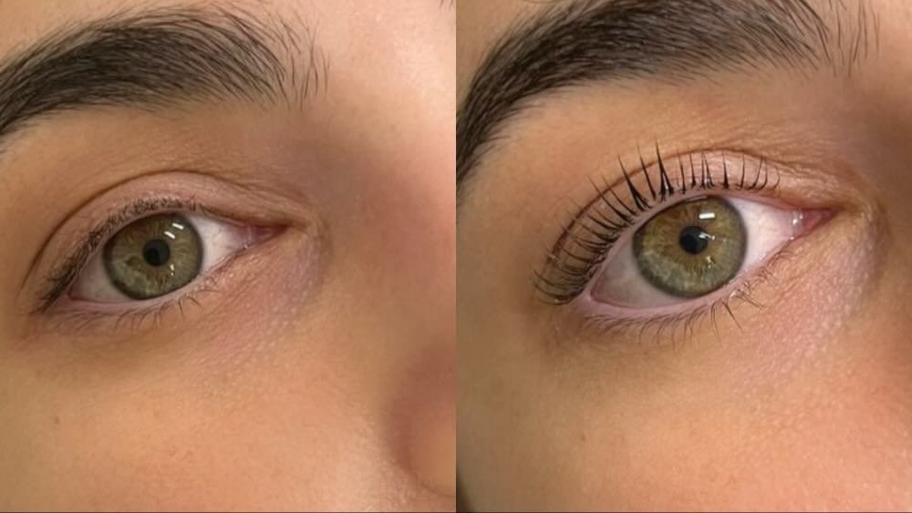 A woman with perfectly curled lashes after her professional lash lift treatment.
