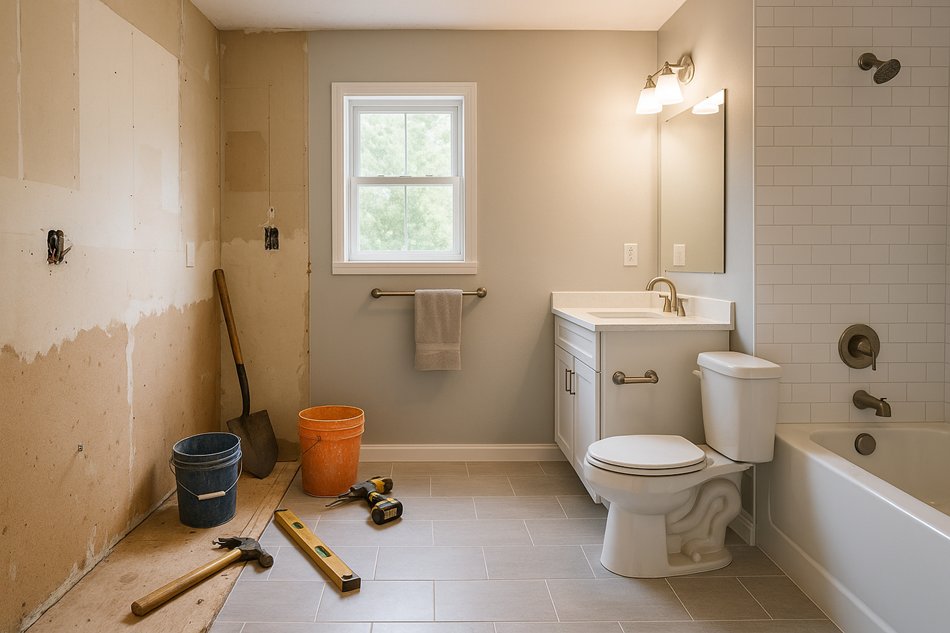 Informational documents and a tablet placed on a vanity for bathroom remodeling questions.