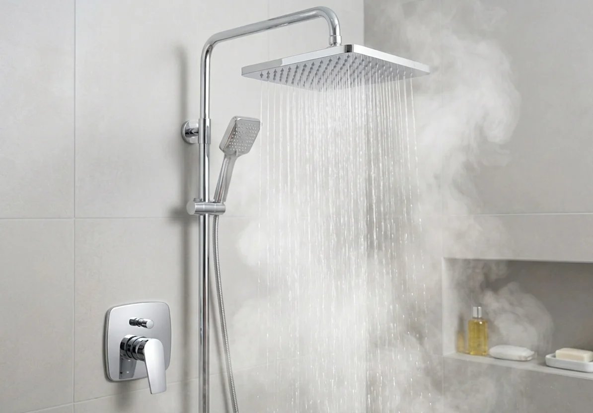 A person adjusting the temperature handle in a modern shower to test water duration.