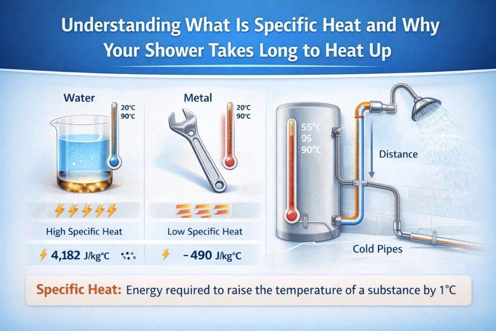 A modern bathroom showing a high-quality showerhead determining how long hot water lasts.