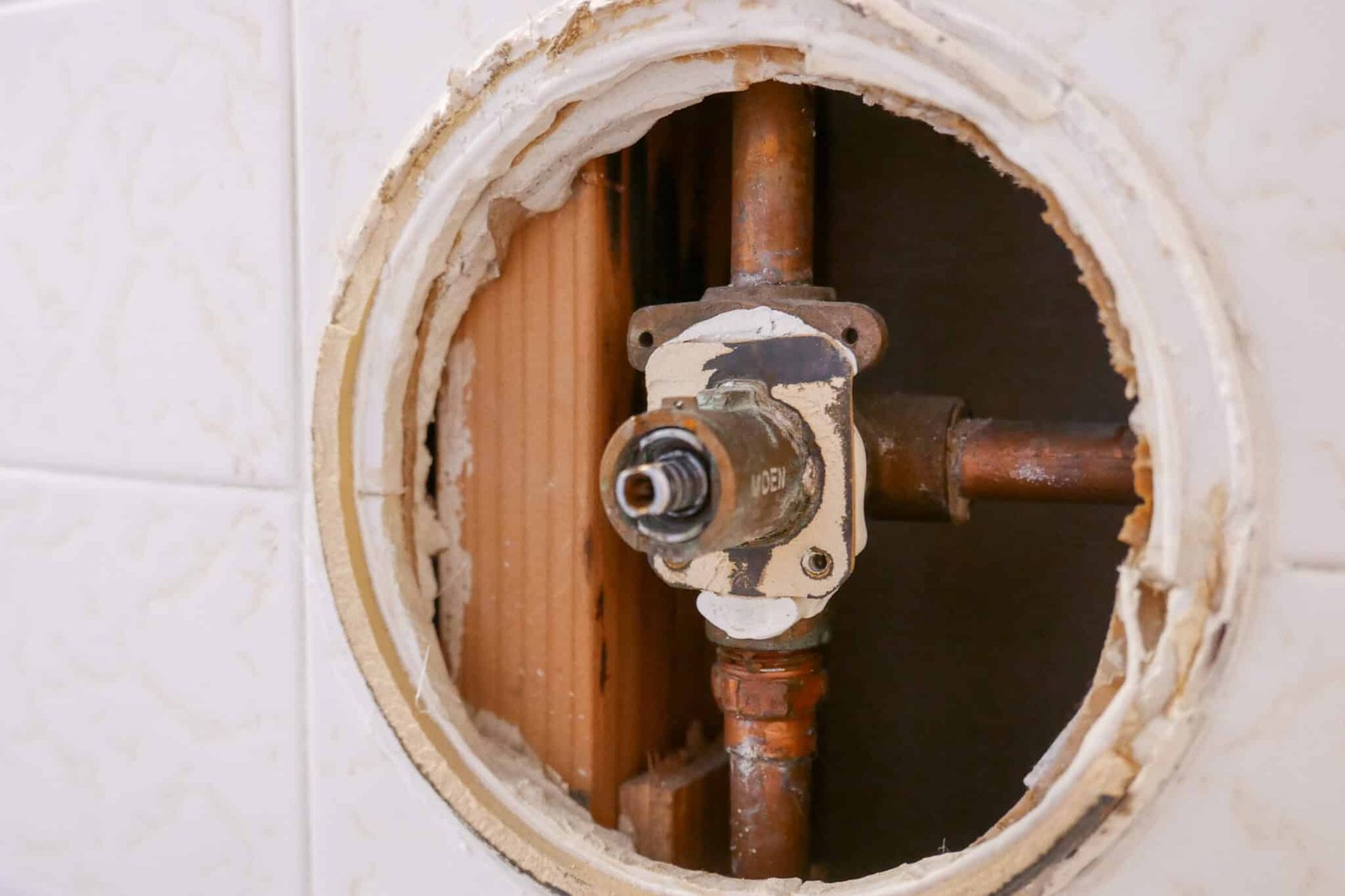 Plumber installing a new shower valve during a professional plumbing repair service.