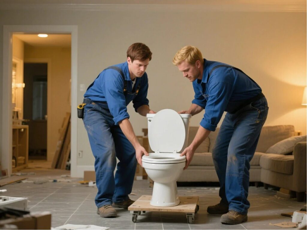 A clean white ceramic toilet placed in a bright and modern bathroom setting.