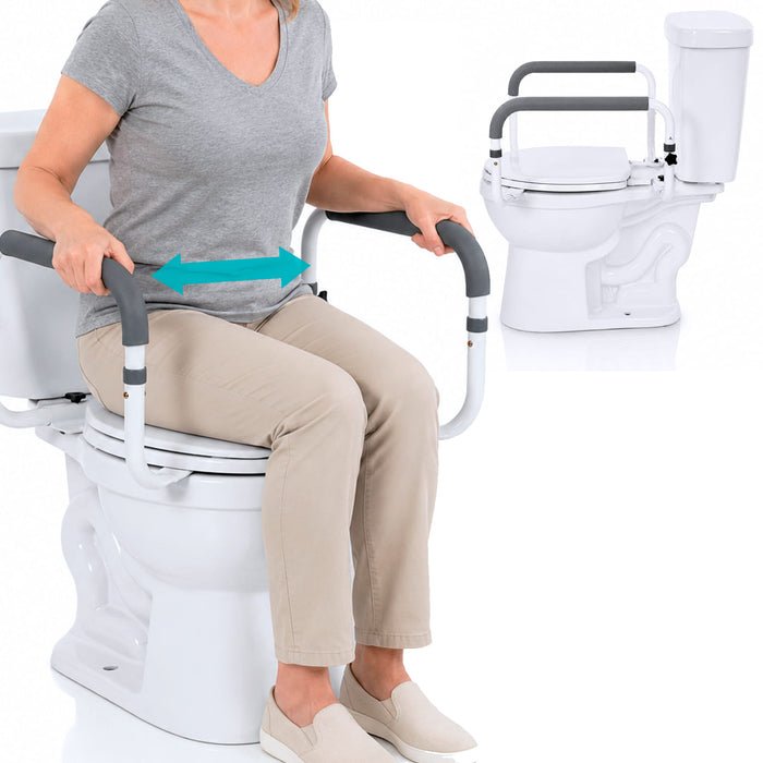 Essential cleaning supplies arranged neatly for maintaining a raised toilet seat.
