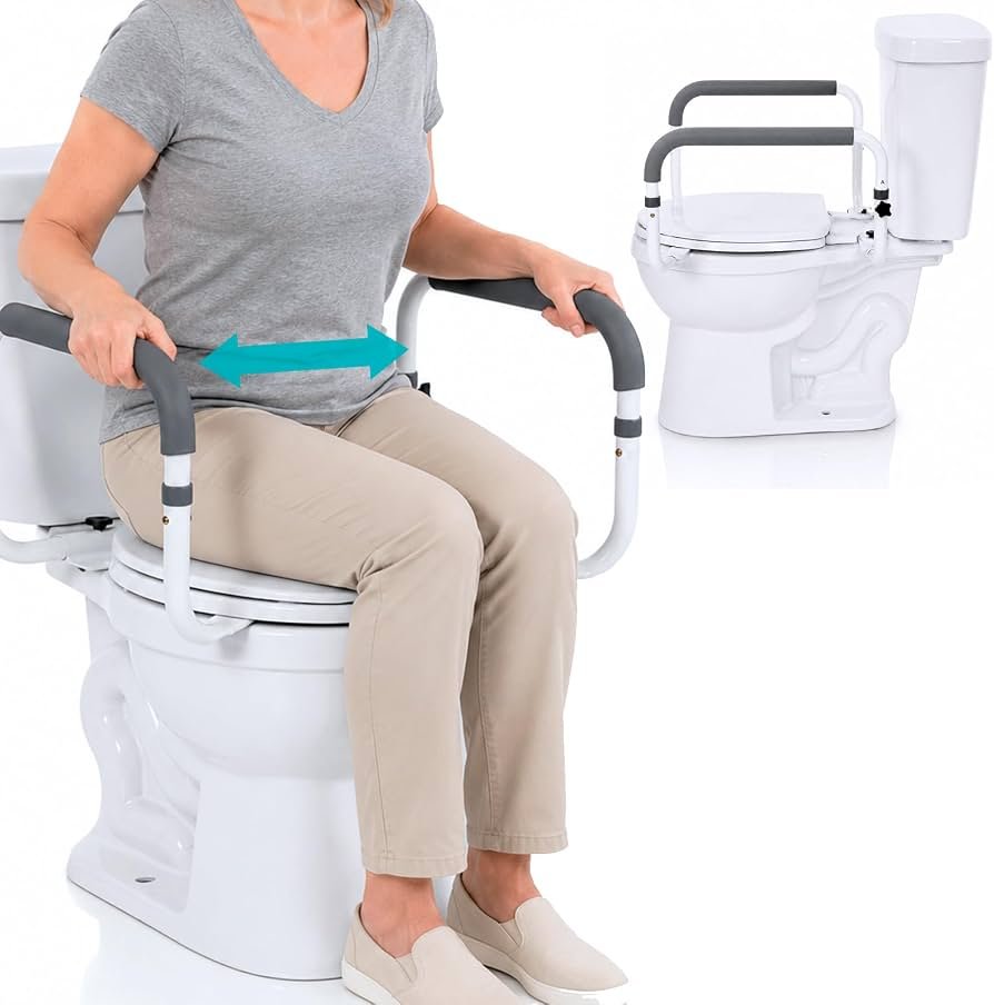 Hands checking the stability of a clean raised toilet seat after maintenance.