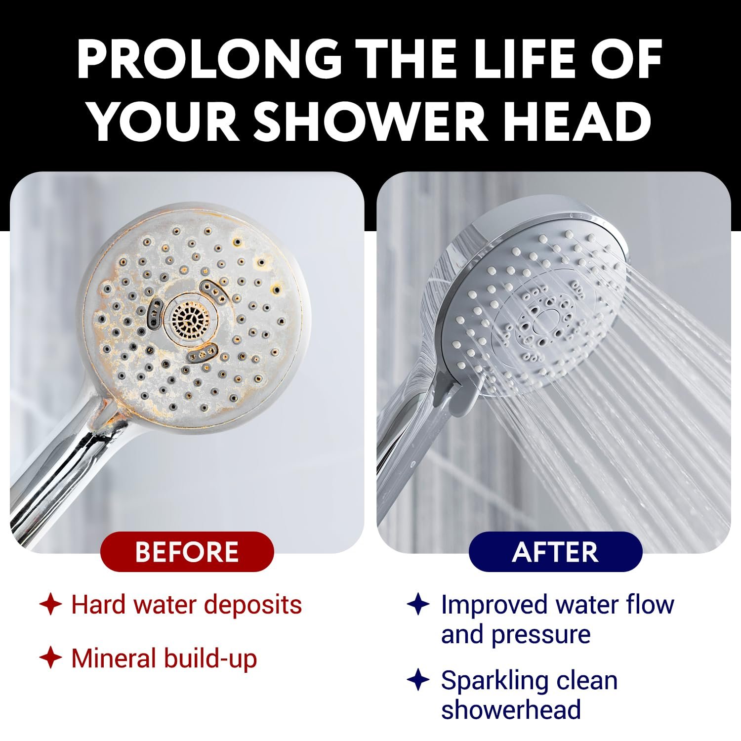 Water flowing in perfectly straight lines from a clean, well-maintained shower head.