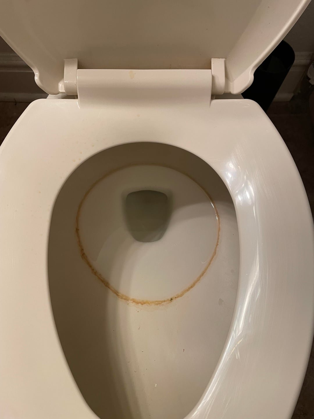 Bathroom cleaning supplies neatly arranged on a mat next to a toilet.