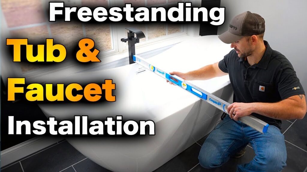 A modern freestanding bathtub faucet installed in a bright and elegant bathroom space.