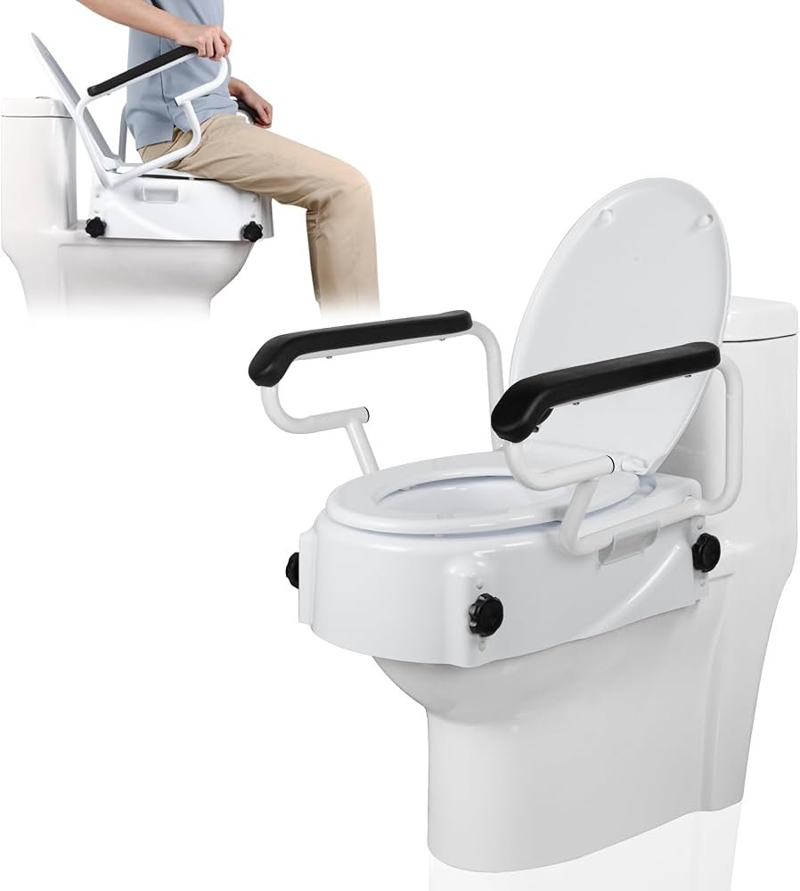 Hands testing the stability of a securely installed toilet seat riser with handles.