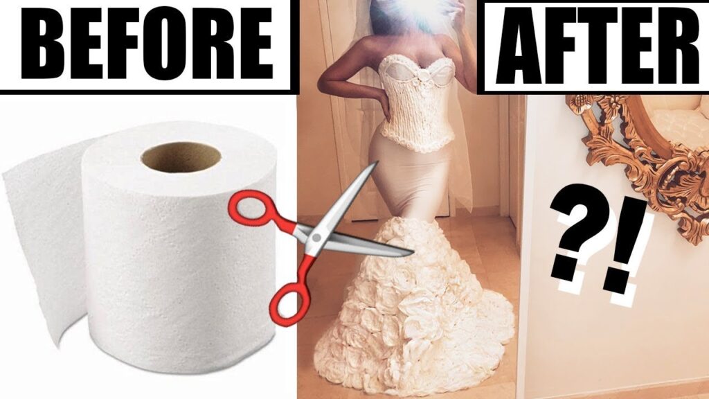 A stunning wedding dress made of toilet paper stands elegantly in a bright studio.
