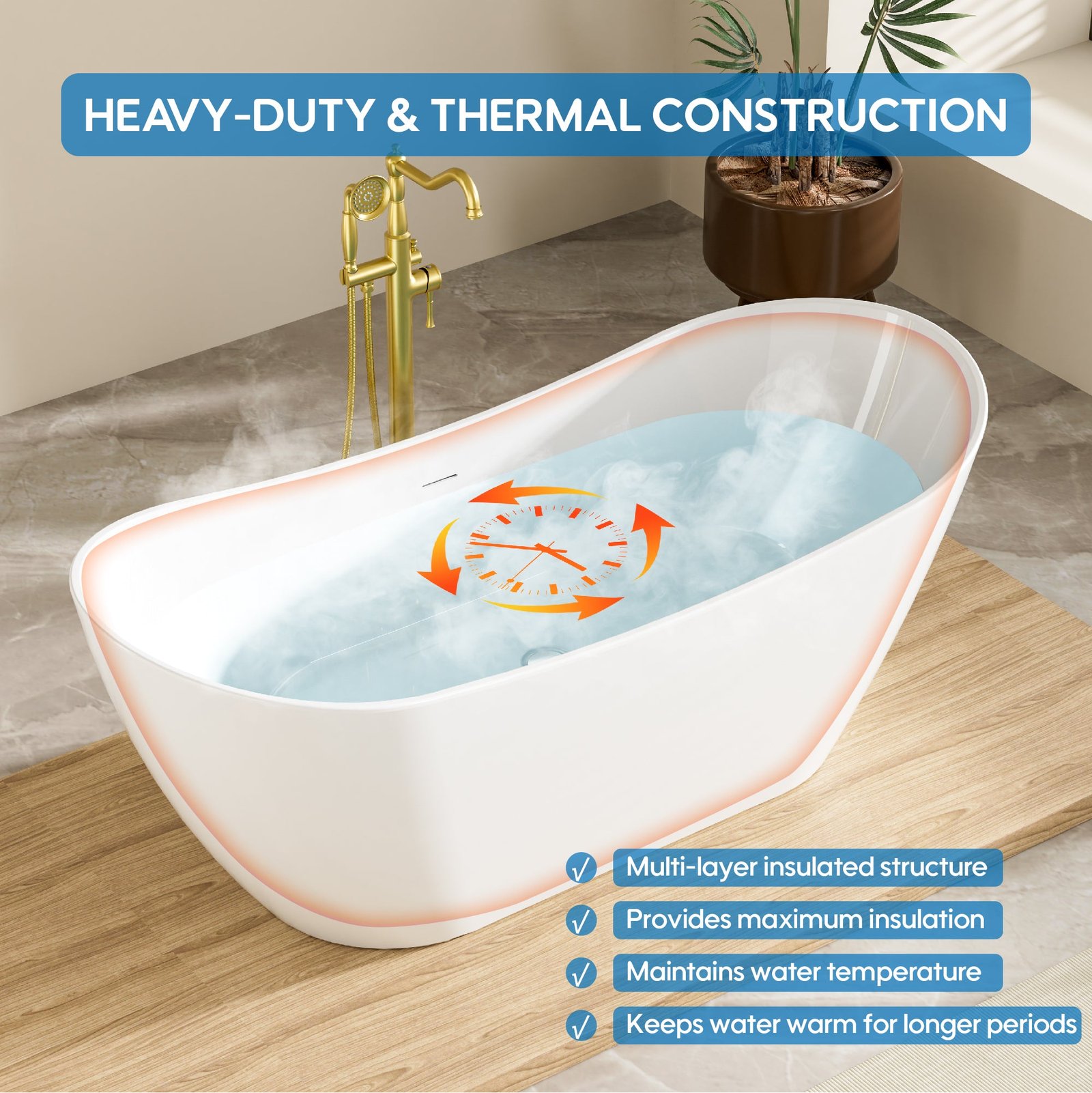 Essential supplies for maximizing bathtub heat retention laid out on a marble surface.