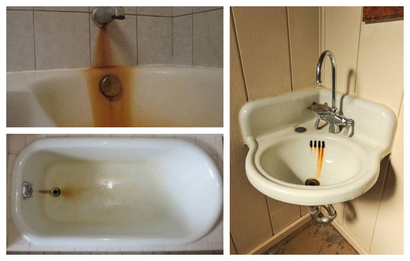 A person preparing to clean a bathroom sink to remove rust stains effectively.