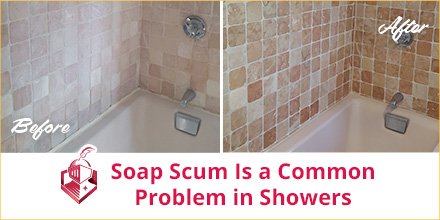 Essential cleaning supplies for removing soap scum arranged on a bathroom counter.