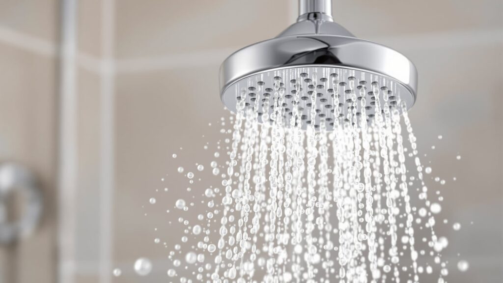 A modern low-flow showerhead provides a refreshing and efficient water stream.