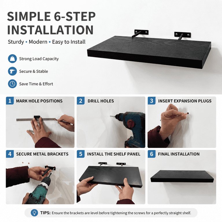 Using a stud finder to mark the wall for floating shelf installation.