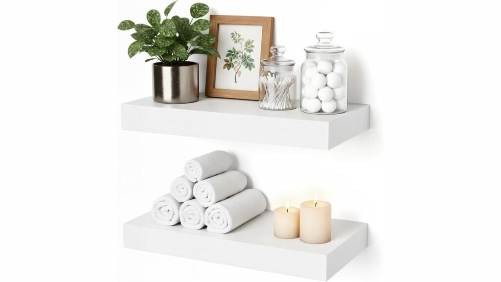Modern wooden floating shelves installed in a bright and organized bathroom.
