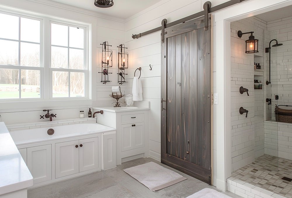A coordinated bathroom set creates a clean and organized look in a modern bathroom.