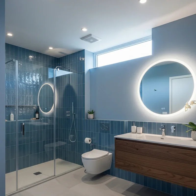 A compact bathroom setup showing a pedestal sink and slim storage solutions for small spaces.